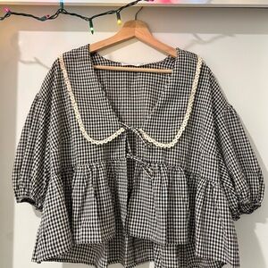 Altar’d State Gingham Checkered Blouse with Lace Tri